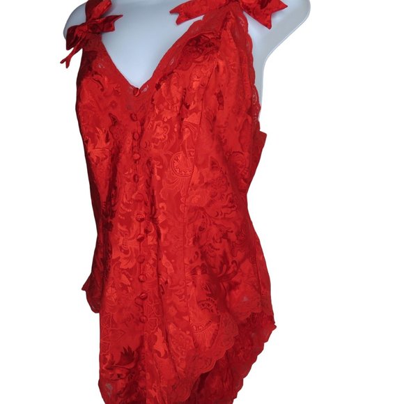 Victorias Secret Gold Label Red Satin Brocade Teddy One Piece M Valentines Bows - Picture 5 of 13